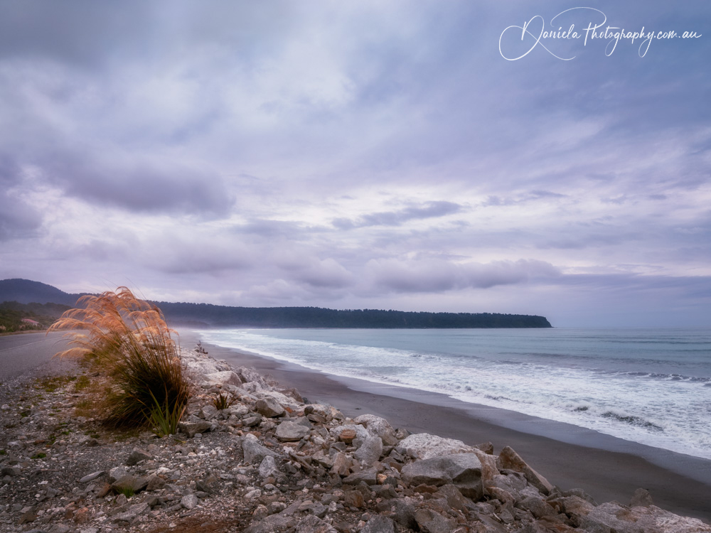 Windswept beach at Bruce Bay at sunset in New Zealand